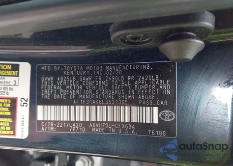 2020 Toyota Camry Xle Hybrid из США, поврежденный, VIN 4T1F31AK8LU531365